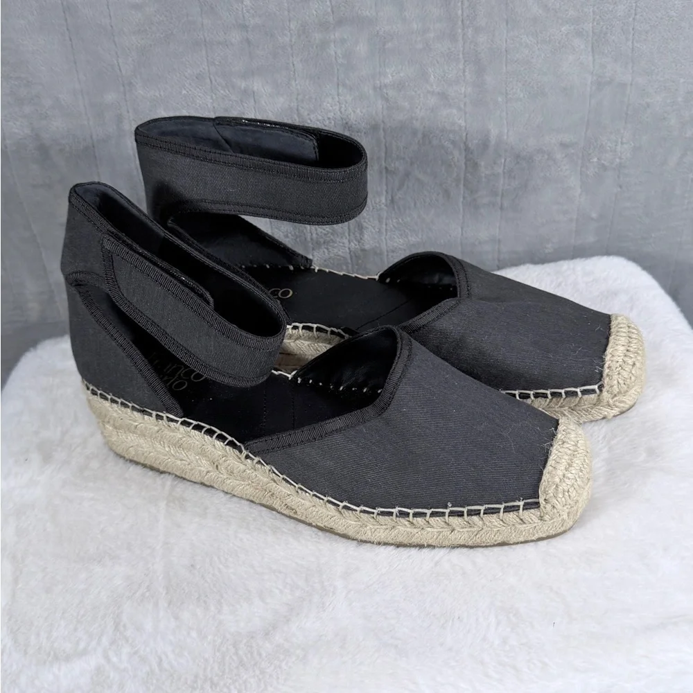 Franco Sarto Black Canvas Espadrille Wedge Sandals Size 9.5